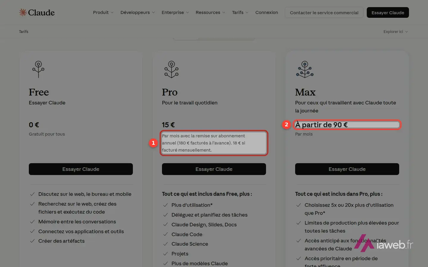 Page des tarifs de Claude en euros, avec le prix de Pro et celui de Max encadrés